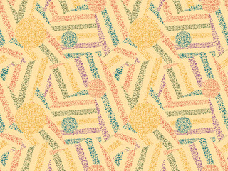 Obraz premium Warm patchwork repeat pattern of colorful cut out textured pieces on yellow backdrop; sunny vintage collage fuzzy vector background for sportswear and rugs