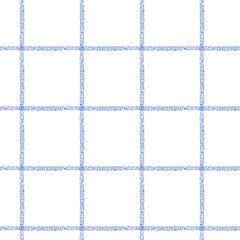 Simple checkered seamless pattern of single thin textured blue stripes on white backdrop. Hand drawn big square textured grid surface design for fabrics