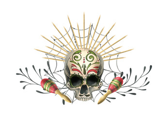Human skull with an ornament, in a golden crown with rays, with cobwebs and maracas. Hand drawn watercolor illustration for day of the dead, halloween, Dia de los muertos.