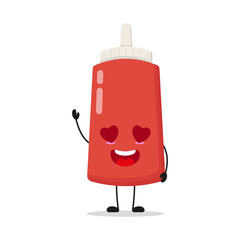 Cute happy tomato sauce bottle character. Funny fall in love food cartoon emoticon in flat style. tomato sauce bottle emoji vector illustration