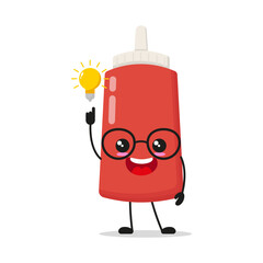Cute smart tomato sauce bottle character. Funny food got inspiration idea cartoon emoticon in flat style. tomato sauce bottle emoji vector illustration