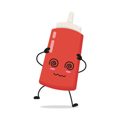 Cute dizzy tomato sauce bottle character. Funny confused food cartoon emoticon in flat style. tomato sauce bottle emoji vector illustration