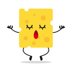 Cute relax cheese slice character. Funny yoga food cartoon emoticon in flat style. cheese slice emoji meditation vector illustration