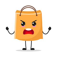 Cute furious shopping bag character. Temperament paper bag cartoon emoticon in flat style. bag emoji vector illustration