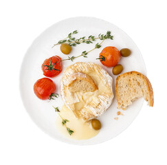 Fototapeta na wymiar Plate of tasty baked Camembert cheese on white background
