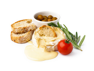 Tasty baked Camembert cheese, bread, olives and tomato on white background