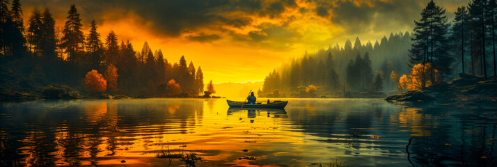 banner silhouette of a man fishing out on a lake in a forest at sundown