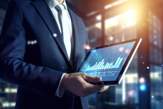 Businessman holds a tablet with bar chart of financial price information. State of the financial system.