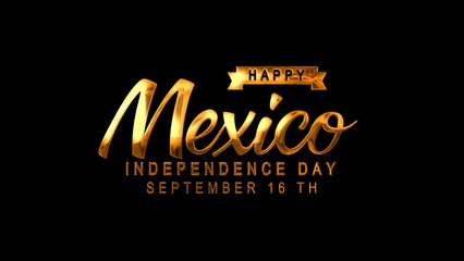 Mexico Independence Day Text Animation in Gold Color. Great for Independence Day Celebrations, lettering with alpha or transparent background, for banner, social media feed wallpaper stories