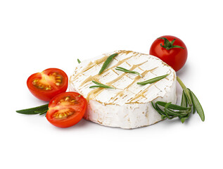 Tasty baked Camembert cheese with tomatoes on white background