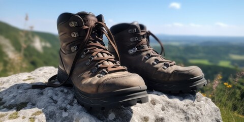  Close Up of Hiking Boots Resting Beside Rocky Trail. A Solitary Tree Stands Against a Mountain Backdrop, Creating a Tranquil Scene Under a Blue Summer Sky