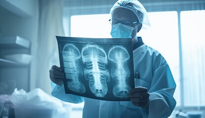 In a hospital setting, a proficient female doctor specializing in pulmonology or cardiothoracic surgery meticulously reviews a chest X-ray of a patient. This dedicated medical professional engages.