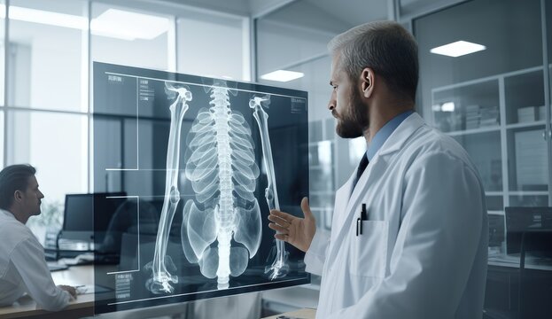 In a hospital setting, a proficient female doctor specializing in pulmonology or cardiothoracic surgery meticulously reviews a chest X-ray of a patient. This dedicated medical professional engages.