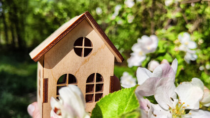 miniature toy house in apple flowers close up, spring natural background. symbol of family. mortgage, construction, rental, property concept. Eco Friendly home. soft selective focus, copy space