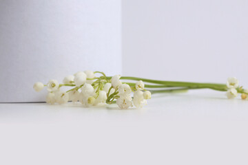 Lily of the valley  flower bouquet on white podium. Light beige background. Minimal empty display product presentation scene.
