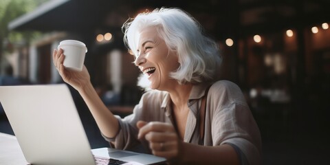 Middle-Aged Woman with Beautiful White Hair Cheers in a Cafe Barista Setting. Capturing the Vibrant Joy of Modern Cafe Work