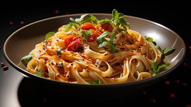 Image of pasta in a plate on a dark background with various ingredients.