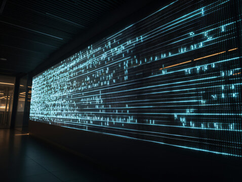 An illuminated LED display showing lines of code scrolling rapidly.