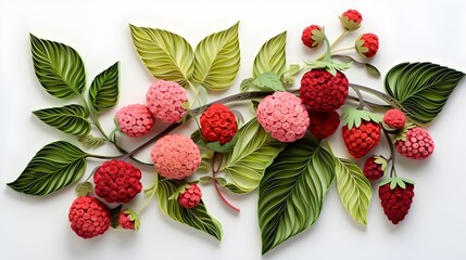 Raspberries plant and flowers paper quilling isolated on white.