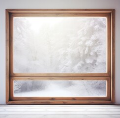 A residential window framed by a serene landscape of snow-covered surroundings and towering trees. The windowpane captures the tranquility of a winter scene, where the pristine white snow blankets