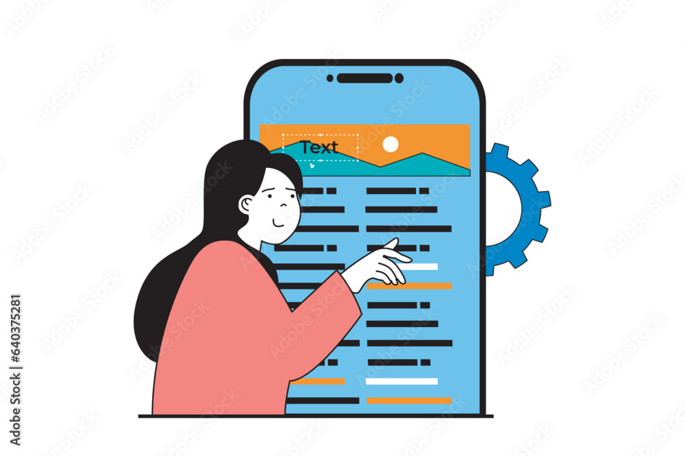 Poster App development concept with people scene in flat web design. Woman coding and optomizating application scripts and programs code. Vector illustration for social media banner, marketing material.