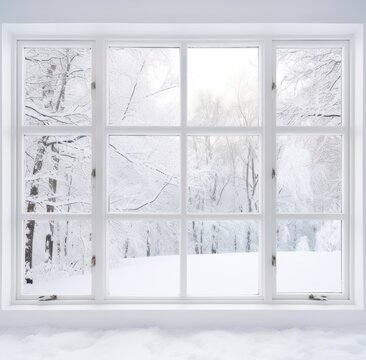 Fototapeta A residential window framed by a serene landscape of snow-covered surroundings and towering trees. The windowpane captures the tranquility of a winter scene, where the pristine white snow blankets