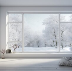 A residential window framed by a serene landscape of snow-covered surroundings and towering trees. The windowpane captures the tranquility of a winter scene, where the pristine white snow blankets