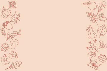 Autumn harvest card, fall festival poster or thanksgiving background with leaves, pumpkin, berries, fruits, mushrooms and cones. Doodle vector illustration
