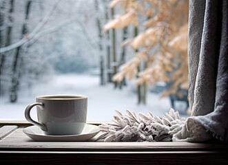 In a picturesque winter still life, a cup of steaming hot coffee is nestled beside a soft, inviting plaid on the vintage windowsill of a quaint cottage.