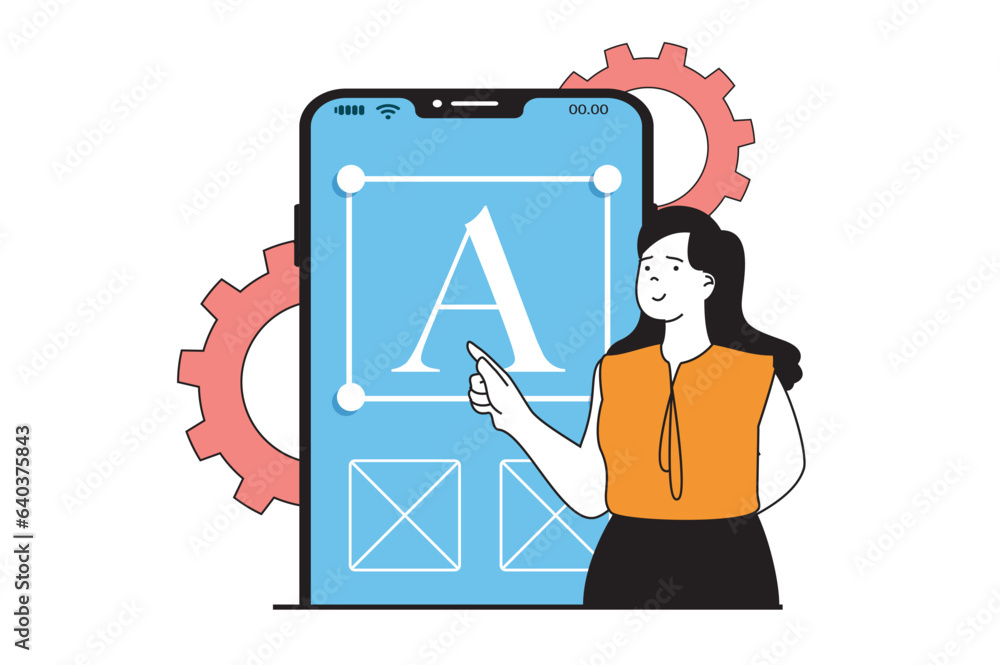 Poster app development concept with people scene in flat web design. woman developing and engineering layou
