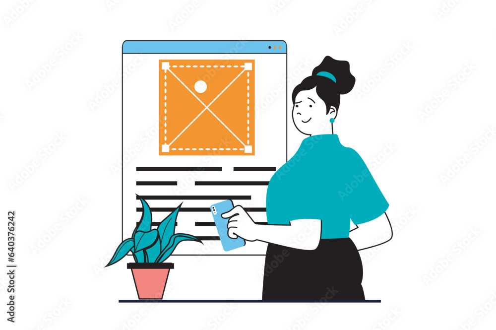 Poster App development concept with people scene in flat web design. Woman creating gui layout, designing content and placing on mockup. Vector illustration for social media banner, marketing material.