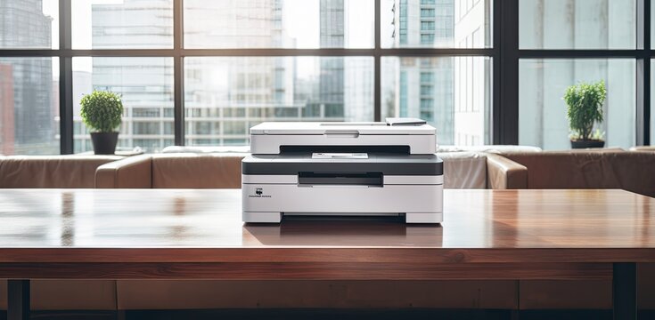 An office workspace features a versatile printer, copier, scanner, embodying a multi-functional photocopier machine. This essential equipment is adept at scanning documents.