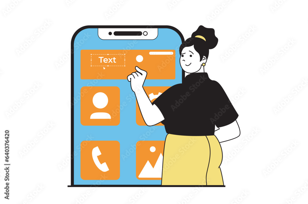 Poster App development concept with people scene in flat web design. Woman designing application interface wireframe layout with usability. Vector illustration for social media banner, marketing material.