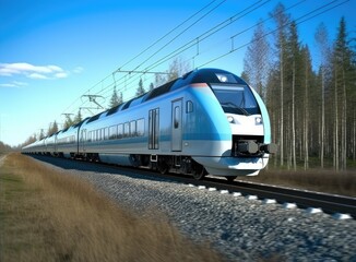 A high-speed passenger train of Class X effortlessly races along the railway, cutting through the landscape with a sense of dynamic motion. The surrounding scenery unfolds in a blur as the train zips