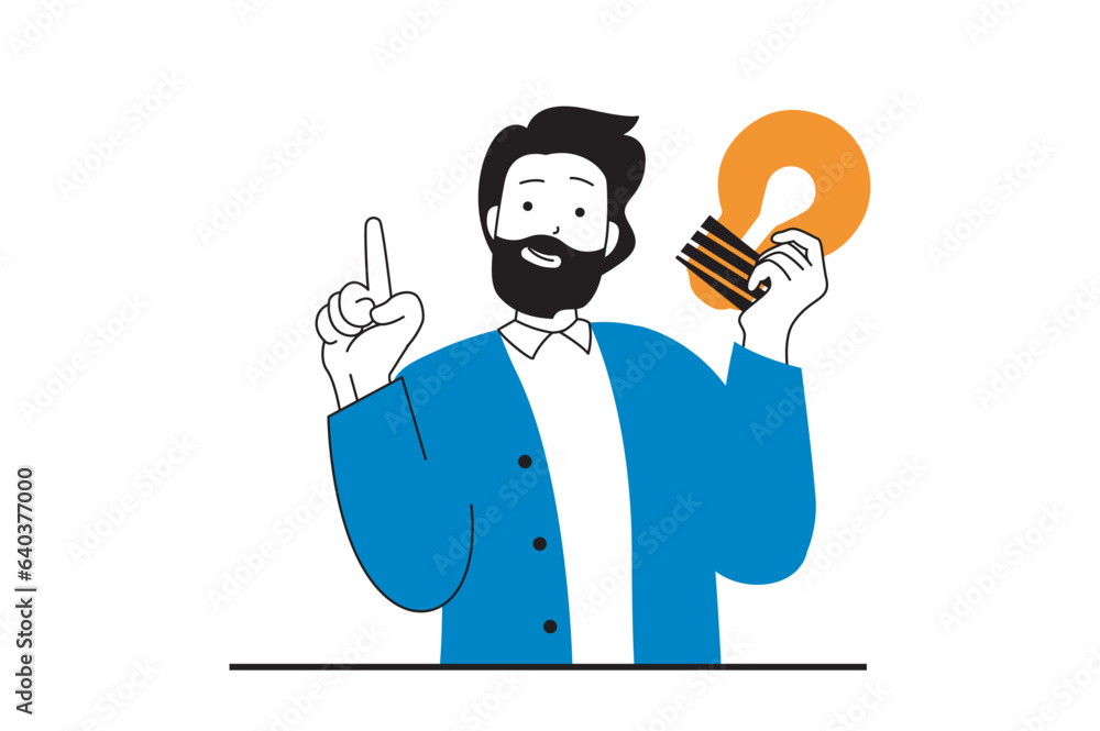 Leinwandbilder brainstorming concept with people scene in flat web design. man holding light bulb and finding solut