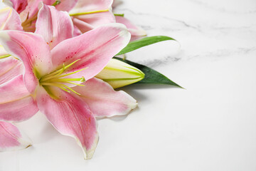 Obraz na płótnie Canvas Beautiful lily flowers on white marble background