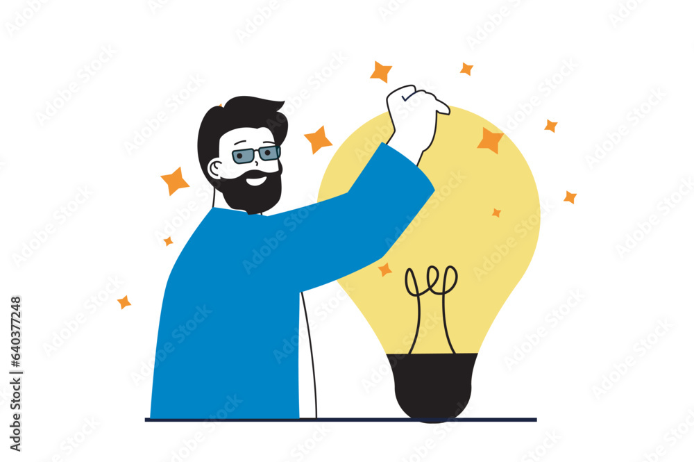 Poster brainstorming concept with people scene in flat web design. man with light bulb finding solutions fo