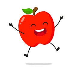 Cute happy red apple character. Funny victory jump celebration fruit cartoon emoticon in flat style. apple emoji vector illustration