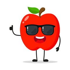 Cute happy red apple character wear sunglasses. Funny fruit greet friend cartoon emoticon in flat style. apple emoji vector illustration