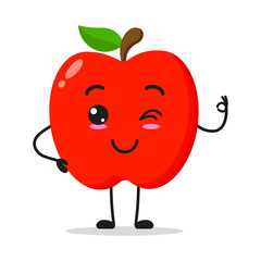 Cute red apple character. Funny smiling and wink fruit cartoon emoticon in flat style. apple emoji vector illustration