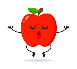Cute relax red apple character. Funny yoga fruit cartoon emoticon in flat style. apple emoji meditation vector illustration