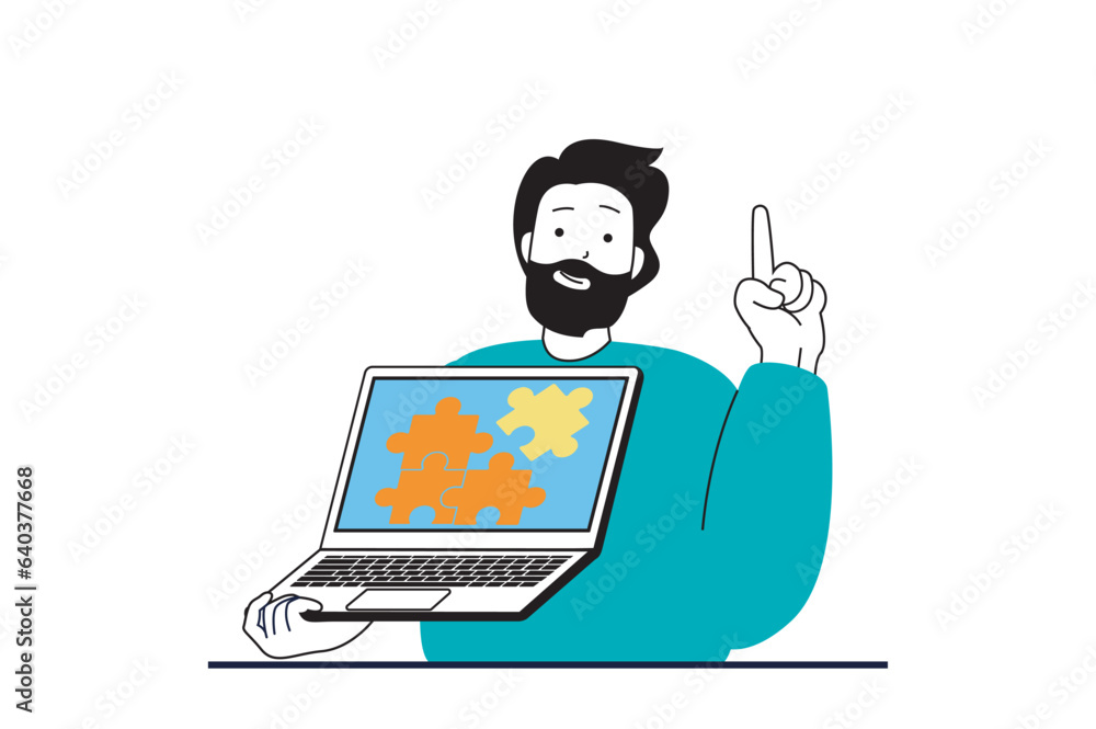 Poster brainstorming concept with people scene in flat web design. man working at laptop, solving puzzles a