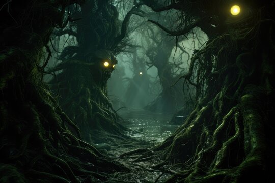 Mystical Dark Forest With Gnarled Trees and a Monster Face With Glowing Eyes, Spooky Halloween Night