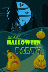 Halloween party, dark banner design with trees, house, moon and pumpkins. Inscription  . Can be used for invitations and cards.Vector illustration