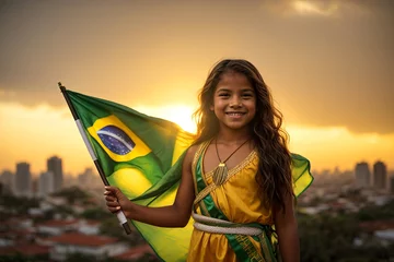 Cercles muraux Brésil Kid Celebrating Brazil Independence Day Next in Country Flag, Cinematic Sunset City Background