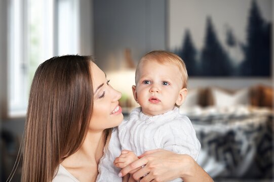 Portrait of a happy mother hugging cute baby, AI generated image