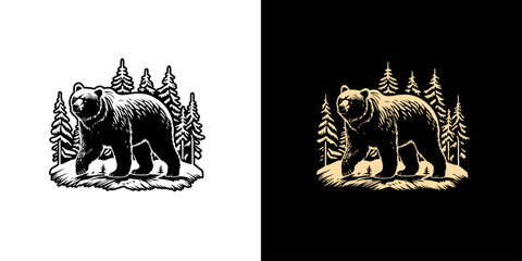 Beautiful outdoor bear in forest handdrawn vintage vector illustration