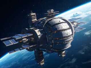 A futuristic space station with advanced propulsion systems and solar panels.