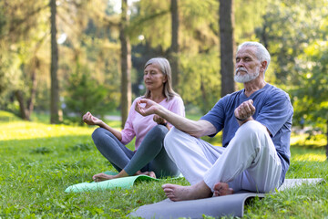Senior retired family couple man and woman in lotus pose meditating in park sitting on sports mat with eyes closed active people doing fitness resting.