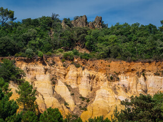 Abstract Rustrel canyon ocher cliffs landscape. Provencal Colorado near Roussillon, Southern France.